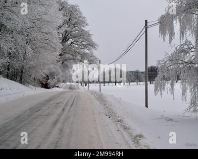 Arata strada di campagna in un freddo paesaggio invernale svedese con neve sugli alberi e neve deriva accanto alla strada. Foto Stock