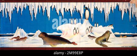 Fregio decorativo di Natale, foche antartiche e pinguini con neve e ghiaccio. Foto Stock