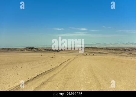 Strada di sabbia attraverso il paesaggio lunare vicino Swakopmund, Namibia Foto Stock