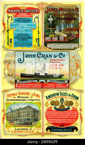 Annunci pubblicitari per Mackenzie Brothers, James Mellis & Co, John Cran & Co, Thomas Rankine & Sons e Andrew Isles & Dean, Scozia. Foto Stock