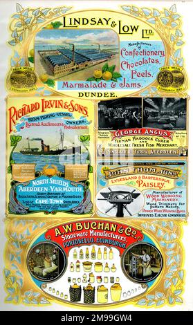 Annunci per Lindsay & Low Ltd, Confectioners, Dundee, Richard Irvin & Sons, Steam Fishing Vessel Owners, Aberdeen, George Angus, Fish Merchant, Aberdeen, John Thom Junior, Manufacturer, Paisley, and A W Buchan & Co, Stonware Manufacturers, Portobello, Edinburgh, Scotland. Foto Stock