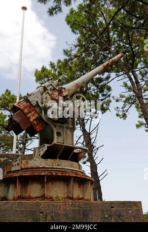 Sito Bego, pistola antiaerea, esposizione Bunker 39-45, Plouharnel, WW II, Morbihan, Bretagna, Francia, Europa Foto Stock