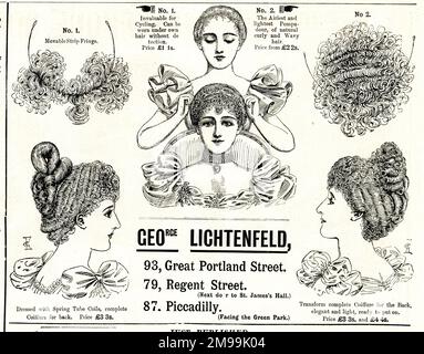 Pubblicità per George Lichtenfeld, Great Portland Street, Regent Street e Piccadilly, London, Ladies' Hair Pieces, Extensions e Wigs. Foto Stock