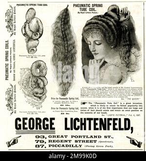 Pubblicità per George Lichtenfeld, Great Portland Street, Regent Street e Piccadilly, London, Ladies' Hair Pieces, Extensions, ecc. Foto Stock