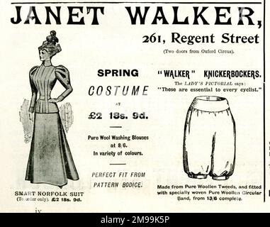 Pubblicità per Janet Walker, Regent Street, Londra, Moda donna, Costume primaverile, Walker Knickerbockers. Foto Stock