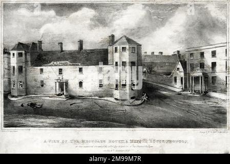 Westgate Hotel e Mayor's House. Newport, Monmouthshire, Galles, dopo il Chartist Riot del 4 novembre 1839. Foto Stock