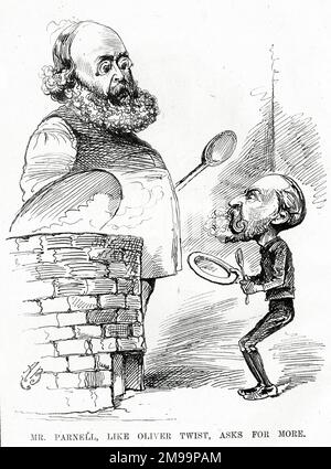 Cartoon, onorevole Parnell, come Oliver Twist, chiede di più. Lord Salisbury gioca la parte del Beadle, con una minestra sottile. Un commento sulla resistenza dei conservatori alla regola irlandese. Foto Stock