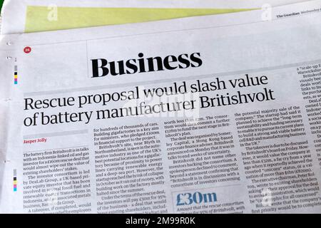 "La proposta di salvataggio comporterebbe una svalutazione del produttore di batterie Britishvolt" Guardian Newspaper Business headline 11 gennaio 20223 Londra UK Foto Stock