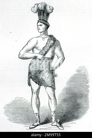 Giovanni Battista Belzoni, esploratore e archeologo italiano, al Sadler's Wells Theatre di Londra, come il Patagonista Samson, indossando un costume di uomo forte fatto di pelliccia, e un erede di piume di struzzo. Foto Stock