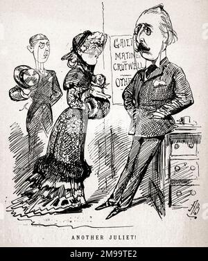 Cartone animato, un'altra Giulietta. Trixie Southbank, stanco di essere un 'extra' e vuole giocare a Giulietta, chiede a John Hollingshead (1827-1904), manager del Gaiety Theatre, una slot matinee. Hollingshead risponde che non può essere fatto, perché il signor Sparerib, il macellaio, sta giocando Hamlet quel giorno. Un commento sulla crescente tendenza dei dilettanti che si esibiscono in teatri professionali. Foto Stock