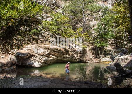 Giovane donna vestita con pantaloncini blu e camicia rosa e cappello estivo bianco, in piedi in un piccolo lago di foresta per godere di una bella natura e aria pulita Foto Stock