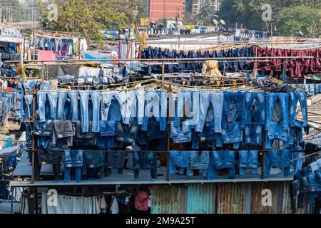 Incredibile vista del Dhobi Ghat a Mumbai, la lavanderia all'aperto più grande del mondo. Foto Stock