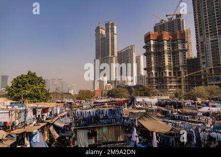 Incredibile vista del Dhobi Ghat a Mumbai, la lavanderia all'aperto più grande del mondo. Impressionante contrasto sociale con i grattacieli dello skyline. Foto Stock