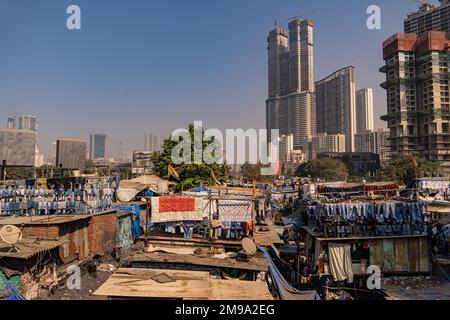 Incredibile vista del Dhobi Ghat a Mumbai, la lavanderia all'aperto più grande del mondo. Impressionante contrasto sociale con i grattacieli dello skyline. Foto Stock