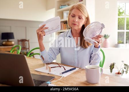 Donna mature menopausale che ha il flusso caldo a casa di raffreddamento se stessa con ventilatore collegato al laptop Foto Stock