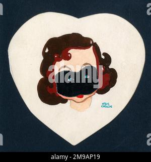 Illustrazione originale - disegno per una carta di San Valentino con maschera rimovibile - Coy, ma cauto; amorevole ancora timida; qui, caro San Valentino, Sono io! Donna che si nasconde dietro la sua maschera. (1 di 2) Foto Stock