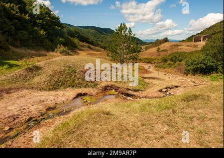 La sorgente del Salz, un fiume salato che prende le sue origini al Salée Domaine de l'eau nei monti Corbières Foto Stock