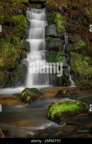 Fiume Feldaist nella valle vicino a Rainbach im Muhlkreis nella giornata d'inverno con una piccola cascata Foto Stock