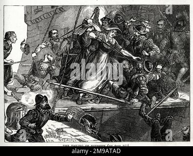 La presa di Zutphen, assedio di Zutphen (oggi Gelderland, Paesi Bassi), 19-30 maggio 1591, parte della guerra degli ottanta anni (1568-1648) e della guerra anglo-spagnola (1585-1604). Alcune truppe inglesi furono travestite da contadini, altre da donne, trasportando burro, formaggio e uova in vendita, e con le loro armi nascoste. Furono ammessi all'interno della fortificazione, su cui attingevano le loro armi e attaccavano il nemico. Essendo le porte aperte, più truppe potevano entrare, e l'assedio era finito. Foto Stock