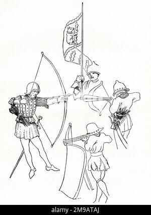 Crossbow-man (a destra), pausier (uomo che spara da dietro uno scudo oblungo o pause, in basso), arciere con arco e freccia (a sinistra), e lo standard di Richard, conte di Warwick (in alto), come impiegato durante le Guerre delle Rose (1455-1487). Foto Stock