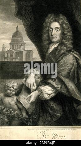 Sir Christopher Wren, architetto inglese, con vista sulla cattedrale di St Paul, Londra Foto Stock