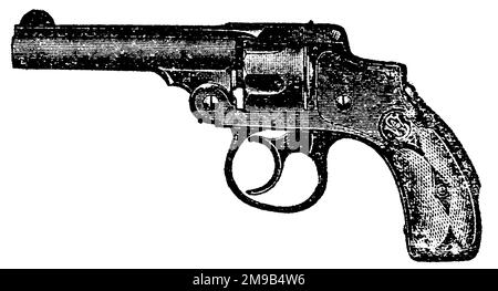 Smith and Wesson Hammerless Revolver, incisione vintage. Una vecchia incisione vintage di un revolver senza martello smith and wesson isolato su un dorso bianco Foto Stock