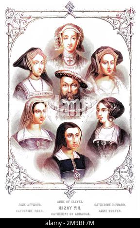 RE ENRICO VIII (1491 - 1547) Ritratto del Re d'Inghilterra con tutte le sue mogli SEYMOUR/CLEVES/HOWARD/PARR/ARAGON/BOLEYN Foto Stock