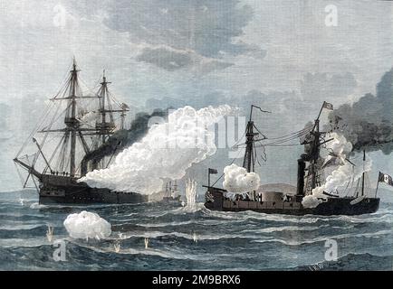 La battaglia tra HMS 'Shah' e 'Ametista' e la nave-torretta peruviana Ironclad 'Huascar' il 29th maggio 1877. La 'Huascar' era stata rilevata da alcuni rivoluzionari peruviani e dichiarata 'pirata' dal governo peruviano. Gli Shah e Amethyst furono ordinati per proteggere British Merchant Shipping e dopo che la Huascar aveva fermato diverse navi mercantili britanniche, la Royal Navy decise di cacciare la Huascar. Nell'azione raffigurata, i 70 cannoni delle navi britanniche non sono stati in grado di fare molti danni alla 'Huascar' come lei era un pesante ferro-clad costruito. In cambio l'equipaggio di armi da fuoco Foto Stock