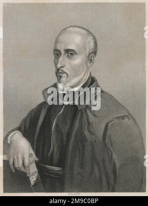 Antica incisione del 1860 circa, ritratto di Francesco Borgia. Francis Borgia SJ (1510-1572) è stato un gesuita spagnolo. FONTE: INCISIONE ORIGINALE Foto Stock