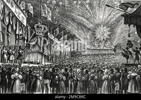 La Fiera dell'incoronazione della Regina Vittoria, con fuochi d'artificio, Hyde Park, Londra, la notte del 28 giugno 1838 Foto Stock