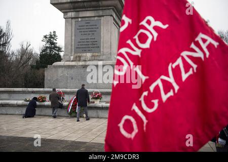 La gente lascia i fiori al cimitero dei soldati sovietici a Varsavia. L'ambasciatore russo in Polonia, Sergey Andreev, ha prestato una corona al cimitero dei soldati sovietici a Varsavia in occasione dell'anniversario della liberazione della capitale polacca dall'occupazione tedesca nazista. Il 17 gennaio 1945, l'Armata Rossa entrò a Varsavia come risultato di un'offensiva delle truppe sovietiche lanciata il 13 gennaio 1945 sul fronte dal Baltico ai Carpazi. Dopo la caduta del comunismo in Polonia, Il discorso di 'liberazione' da parte dei soldati sovietici cessò lentamente e la gente cominciò a parlare di questo evento come una nuova occupazione o. Foto Stock