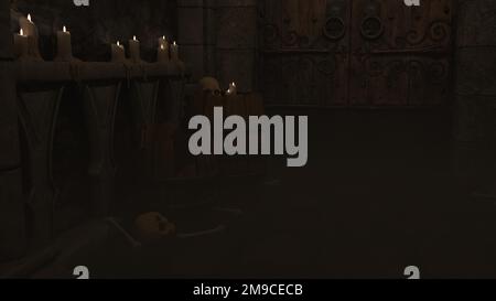 3d-illustrazione di un oscuro e nebbioso fantasy cdungeon Foto Stock
