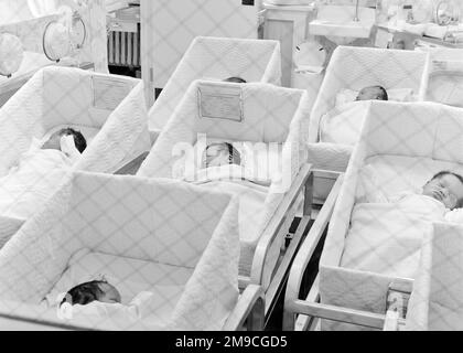 1960S NEONATI SDRAIATI IN CULLE INDIVIDUALI NEL VIVAIO OSPEDALIERO - M8504 HAR001 HARS ETNIA CAUCASICA HAR001 INDIVIDUALE VECCHIO STILE Foto Stock