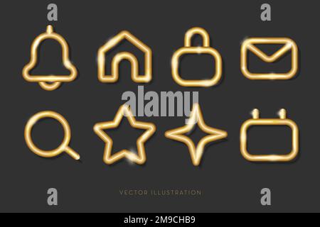 set di icone dei social media 3D Shining Golden. 3D illustrazione vettoriale minima Illustrazione Vettoriale