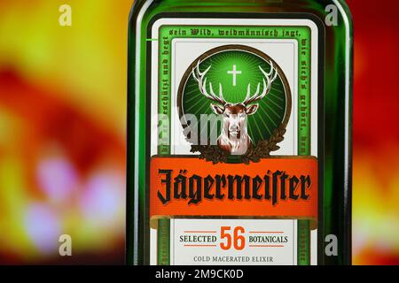 KIEV, UCRAINA - 4 MAGGIO 2022 Jagermeister bottiglia di alcol originale su tavolo di legno con camino rosso sullo sfondo. Produzione di alcool Elite Foto Stock