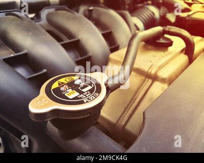 Tappo del radiatore del liquido di raffreddamento del motore, motore, segnale di avvertimento Foto Stock