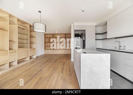 Appartamento dotato di cucina con mobili grigi e un''isola che si apre sul soggiorno con una libreria di quercia su misura e pavimenti in legno massello di quercia Foto Stock