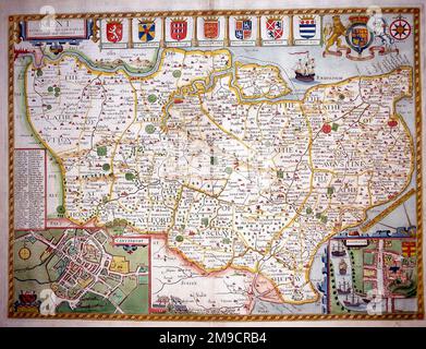 17th Century County Map di Kent, Inghilterra Foto Stock