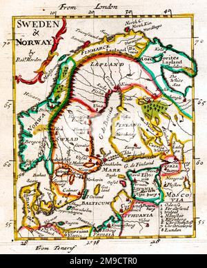 Mappa del 17th° secolo di Svezia e Norvegia, Scandinavia compresa Danimarca e Finlandia Foto Stock