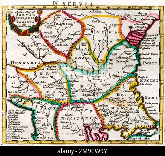Mappa del 17th° secolo di Serbia, Bulgaria, Romania Foto Stock