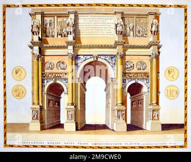 Facciata sud dell'Arco di Costantino, Amphiteatrum Flavium, costruito per commemorare la battaglia del Ponte Milviano Foto Stock