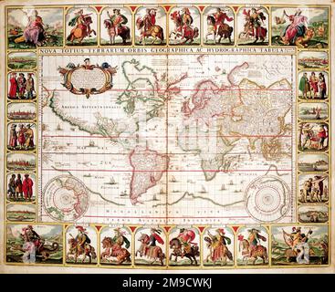 Mappa del mondo del 17th° secolo - Nova Totius Terrarum Orbis geographica AC Hydromographica Tabula - 12 Cesare Mappa che mostra dodici imperatori romani Foto Stock