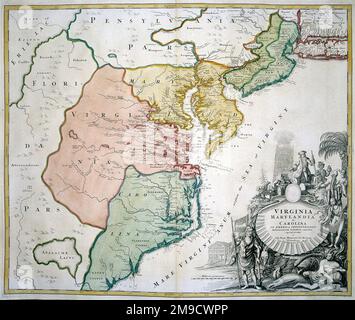 Mappa del 18th ° secolo della Virginia - Maryland - Carolina, America Foto Stock