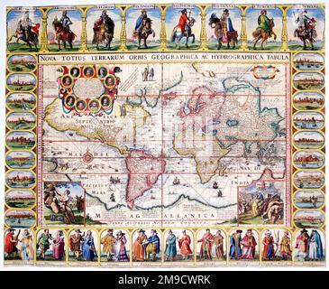 Mappa del mondo del 17th° secolo (proiezione di Mercatore) con figure e città in costume - Nova totius terrarum orbis geographica Foto Stock