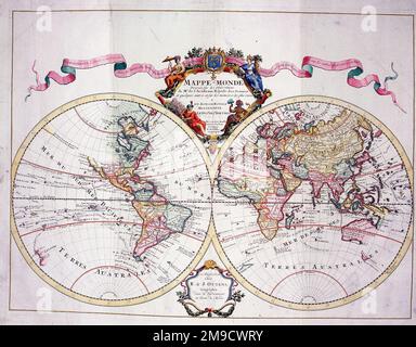 Mappa del 18th ° secolo del mondo emisferi - Mappe-Monde Dressee sur les osservazioni Foto Stock