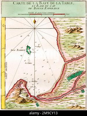 Mappa del 18th ° secolo di Table Bay, Città del Capo, Sud Africa compresa Robben Island Foto Stock