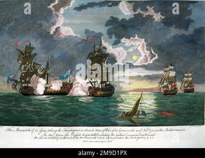 Francese - Inglese Battaglia nel Mediterraneo - Monmouth, Fondroyant prende l'uomo francese o Guerra Foto Stock