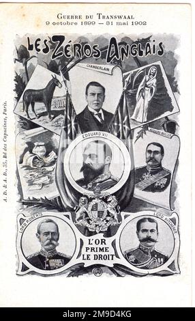 La scheda ha una collezione di ritratti di Re Edoardo VII, Chamberlain, Redvers Buller, Lord Roberts e Lord Kitchener che sono etichettati come 'gli zeri inglesi'. Una didascalia in basso riporta "il denaro è potere". Un titolo dice 'Guerre de Transvaal 1899-31 maggio 1902'. Foto Stock