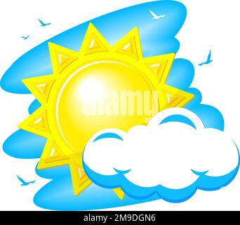 Sole, nuvole e uccelli nel cielo blu. Ñartoon icona di stile sul retro trasparente Illustrazione Vettoriale