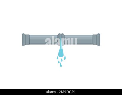 Rottura del tubo metallico con perdite d'acqua, figura vettoriale a forma piatta. Parte della pipeline. EPS 10 Illustrazione Vettoriale